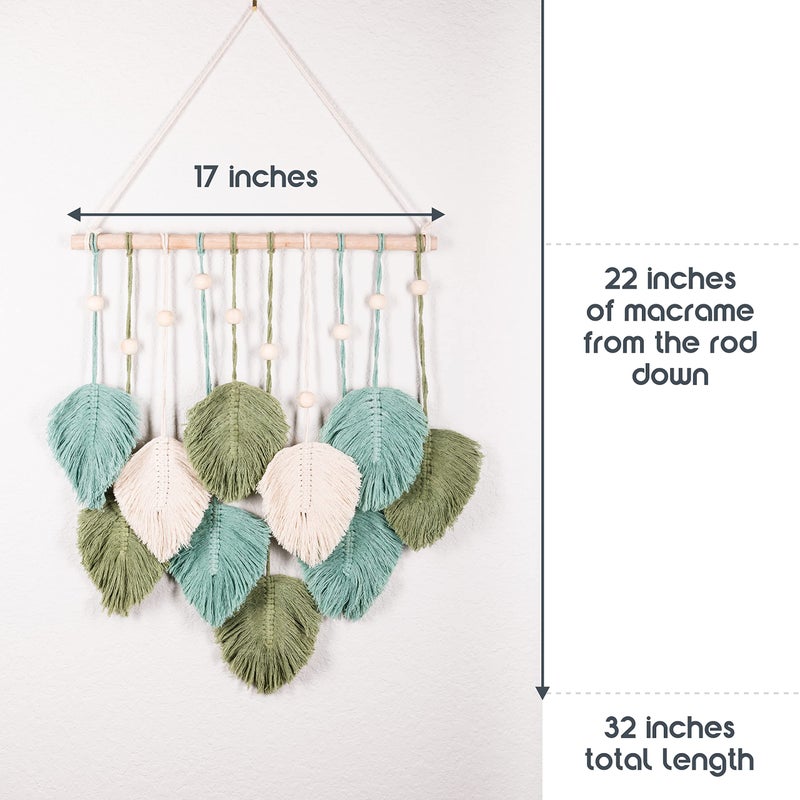 SnugLife Macrame Wall Hanging Leaves - Large Chic Feather Boho Decor, Handmade Yarn Woven Art Leaf Tapestry for Nursery, Bedroom, Living Room, 17 X 22 Inch (Green, Sage Green & Beige) - Image 2