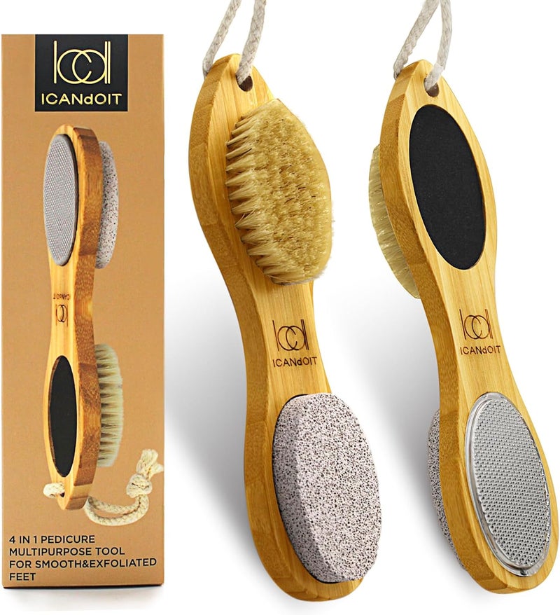 Natural Bamboo Foot File Callus RemoverMulti Purpose 4 in 1 Feet Pedicure Kit with Foot Care Boar Bristle BrushPumice StoneFoot RaspSand Paper