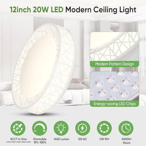 Lightania 12 Inch Flush Mount Ceiling Light, Modern White LED Ceiling Light Fixture, 20W 1400LM 2700-6500K Adjustable, Dimmable Ceiling Lights for Bedroom, Kitchen, Hallway, Bathroom, ETL - Image 2