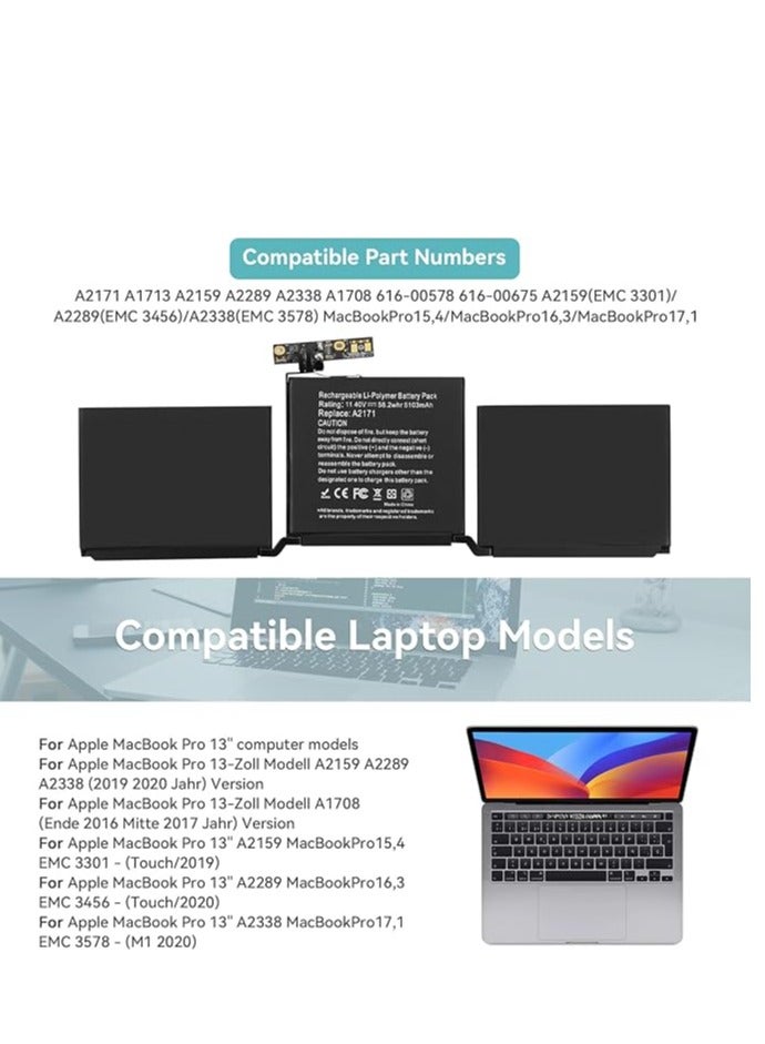 Terabyte Replacement A2171 Laptop Battery for MacBook Touch Pro 13" A2159 A2289 A2338 2019 M1 2020 Touch Bar EMC 3301 3578 3456 BTO/CTO MUHN2LL/A MYDA2LL/A MXK62LL/A MUHP2LL/A MUHQ2 TLL/A MUHQ2 ZE/A MUHR2LL/A - Image 3