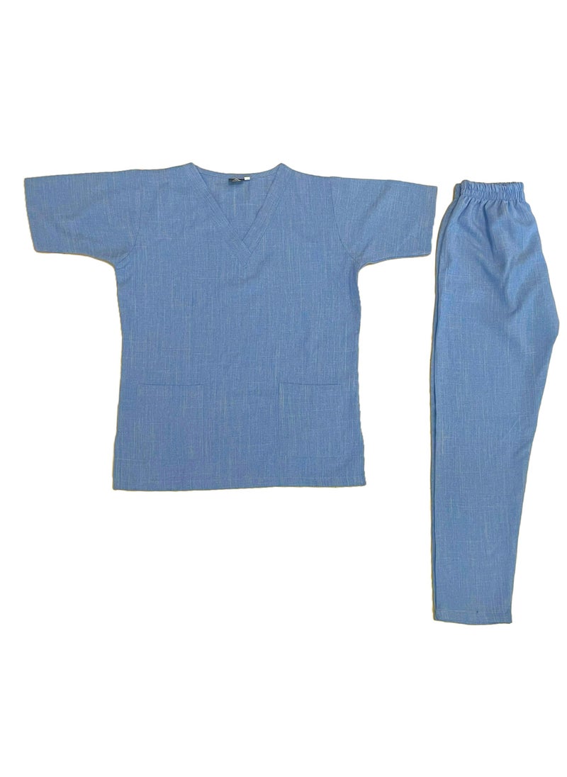 Rannah's Uniform - Melange Scrub Suit Uniform Unisex Blue V-Neck Nurse Suit Set - Image 1