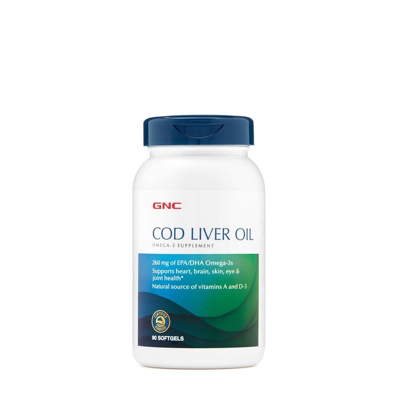 GNC Cod Liver Oil Omega 3 Supplement 260mg EPA and DHA Supports Heart Brain Skin Eye and Joint Health 90 Softgels