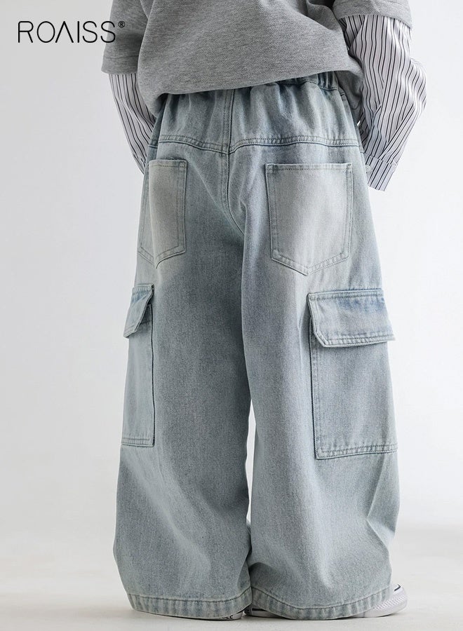 رويس بنطلون جينز كاجوال للأولاد، بنطلون جينز واسع الساق بخصر مطاطي، بنطلون جينز واسع بجيوب، بنطلون أنيق كلاسيكي للأولاد، مناسب للارتداء اليومي والمدرسة والأنشطة الداخلية والخارجية - Image 3