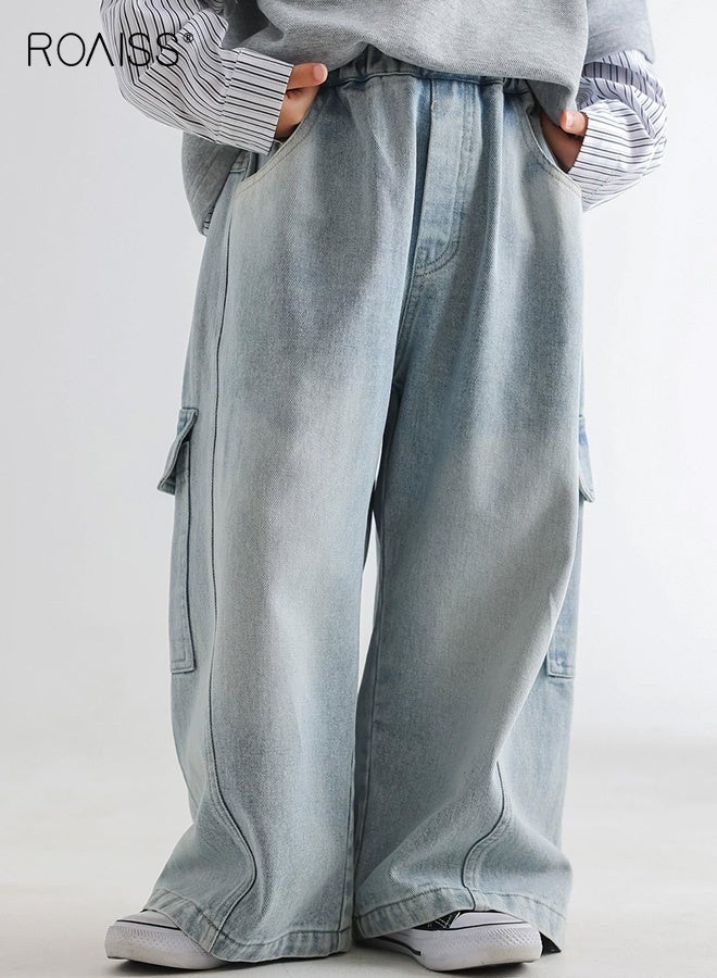 رويس بنطلون جينز كاجوال للأولاد، بنطلون جينز واسع الساق بخصر مطاطي، بنطلون جينز واسع بجيوب، بنطلون أنيق كلاسيكي للأولاد، مناسب للارتداء اليومي والمدرسة والأنشطة الداخلية والخارجية - Image 1