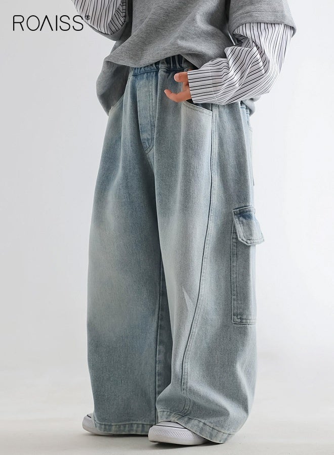 رويس بنطلون جينز كاجوال للأولاد، بنطلون جينز واسع الساق بخصر مطاطي، بنطلون جينز واسع بجيوب، بنطلون أنيق كلاسيكي للأولاد، مناسب للارتداء اليومي والمدرسة والأنشطة الداخلية والخارجية - Image 2