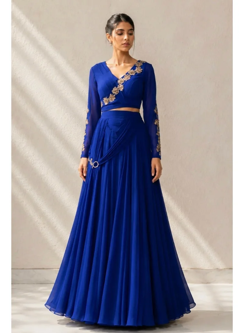 Lehar Royal Sapphire Embroidered Crop Blouse & Draped Skirt Set