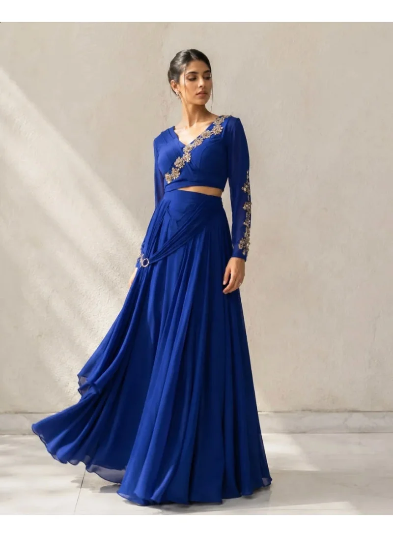 Lehar Royal Sapphire Embroidered Crop Blouse & Draped Skirt Set