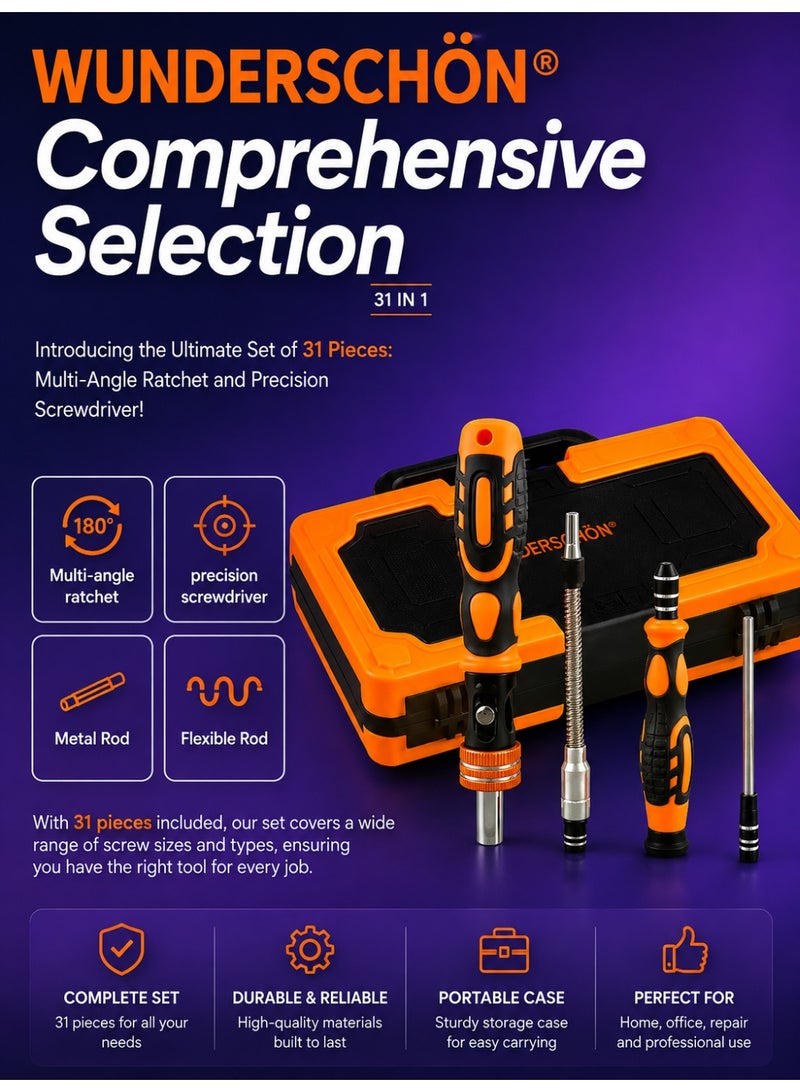 WUNDERSCHÖN 31-In-1 Multifunctional Reattaching Screwdriver Set 180 Degree Ratchet  Precision Screwdriver Interchangeable Magnetic Heads and Sockets - Image 2