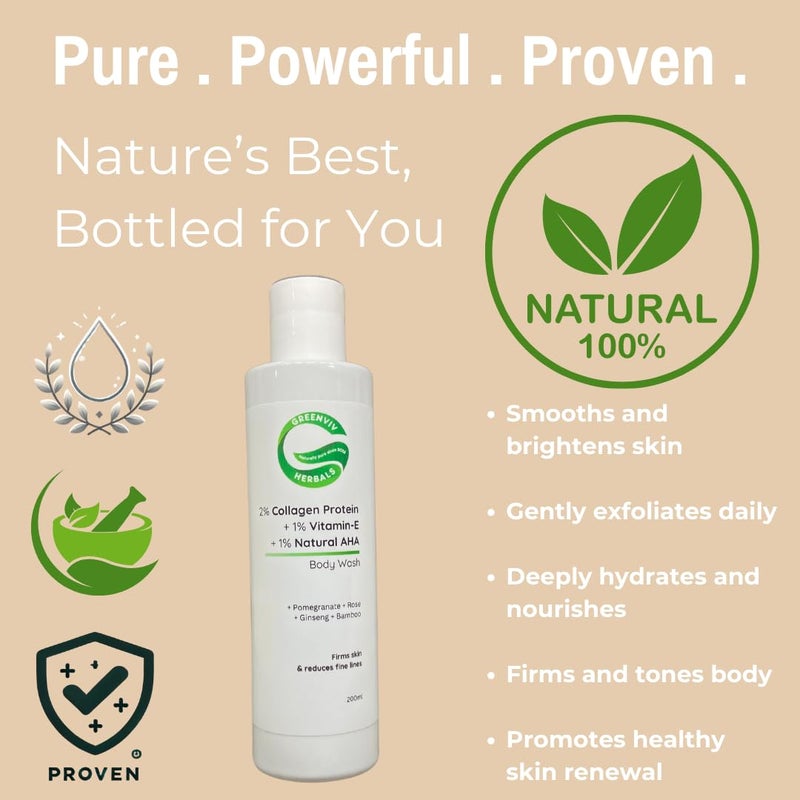 Greenviv 2% Collagen Protein + 1% Vitamin E + 1% Natural AHA Firming & Anti-Aging Body Wash | Firms, Renews & Nourishes Skin | 200ml - Image 2