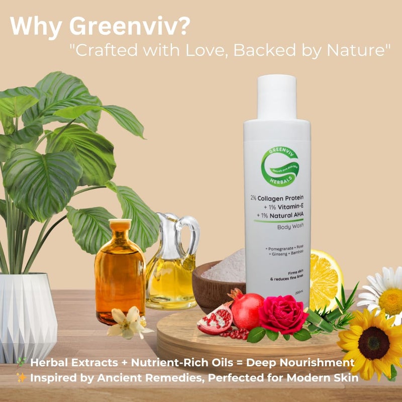 Greenviv 2% Collagen Protein + 1% Vitamin E + 1% Natural AHA Firming & Anti-Aging Body Wash | Firms, Renews & Nourishes Skin | 200ml - Image 4