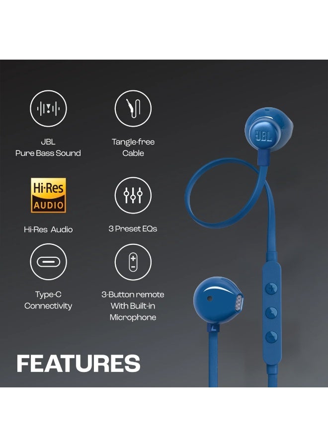 Tune 305C USB-C Wired Earphones, Hi-Res/Hi-Fi Audio, Pure Bass Sound, 3 EQ Presets (Vocal, Bass), Semi-In-Ear, Tangle-Free Cable, 3-Button Remote with Mic, Type-C Connectivity, Blue - Image 3