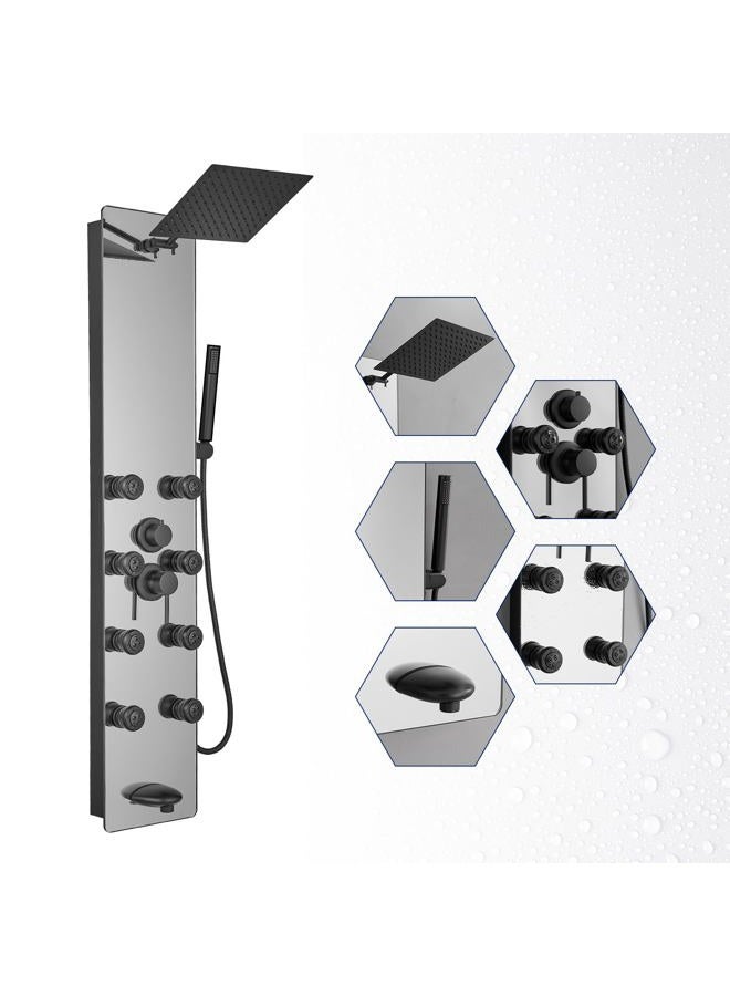 BWE Stainless Steel Shower Panel Tower System,Multi-Function Tempered Glass Shower Panel,Rainfall Shower Head 8-Massage Jets with Tub Spout Hand Shower for Home Hotel Resort Split Type Black - Image 1