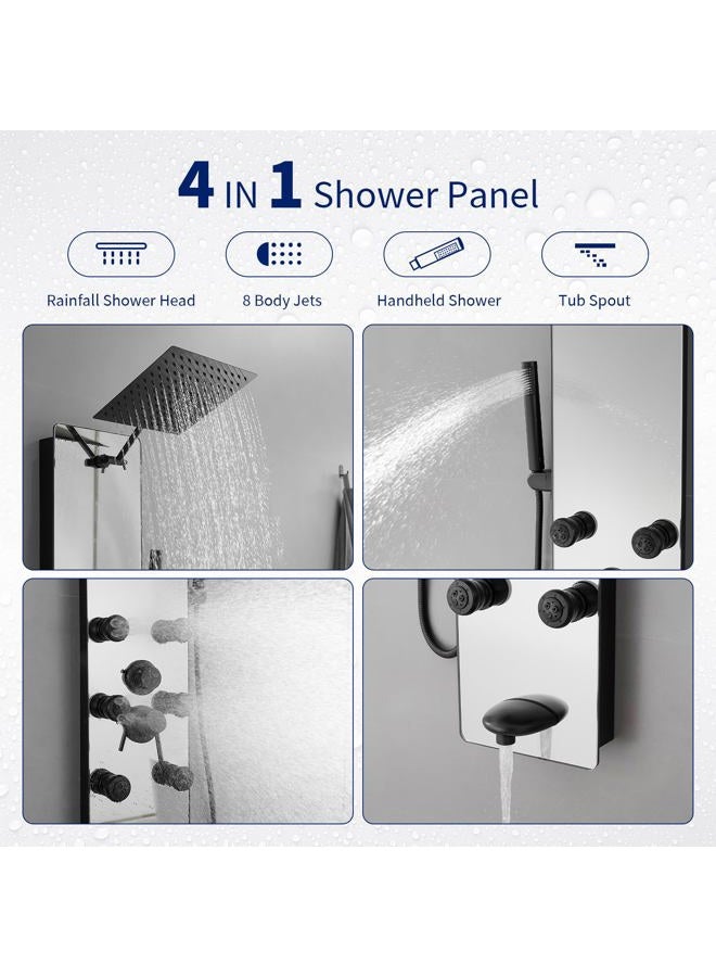 BWE Stainless Steel Shower Panel Tower System,Multi-Function Tempered Glass Shower Panel,Rainfall Shower Head 8-Massage Jets with Tub Spout Hand Shower for Home Hotel Resort Split Type Black - Image 2