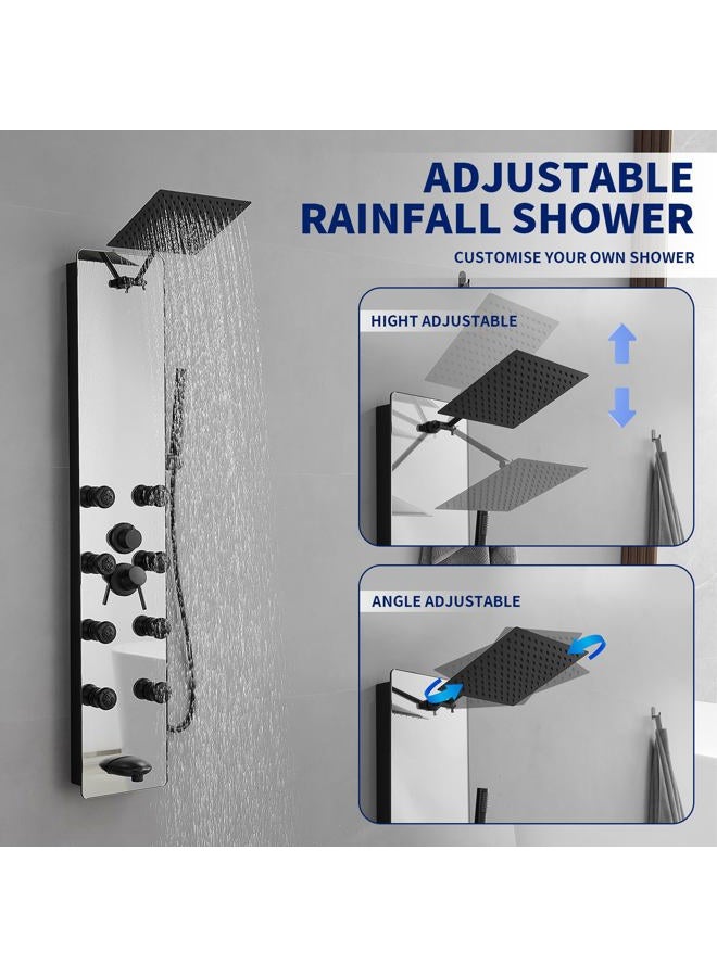 BWE Stainless Steel Shower Panel Tower System,Multi-Function Tempered Glass Shower Panel,Rainfall Shower Head 8-Massage Jets with Tub Spout Hand Shower for Home Hotel Resort Split Type Black - Image 3