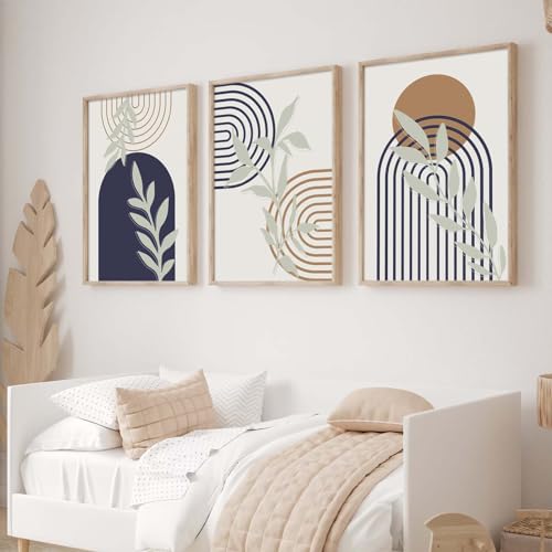 Ecyanlv Blue Boho Canvas Wall Art Minimalist Line Art Wall Decor Blue Geometric Picture Neutral Painting for Bedroom Decor Boho Canvas Print Posters Abstract Geometric Artwork 16x24inch (Set of 3) Frameless - Image 1