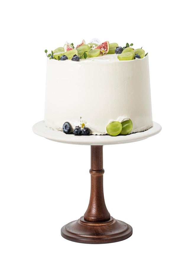 Kanwone 10-Inch Ceramic Cake Plate with Acacia Wood Base, Round Wedding Cake Stand for Party and Home Decorating - Image 1