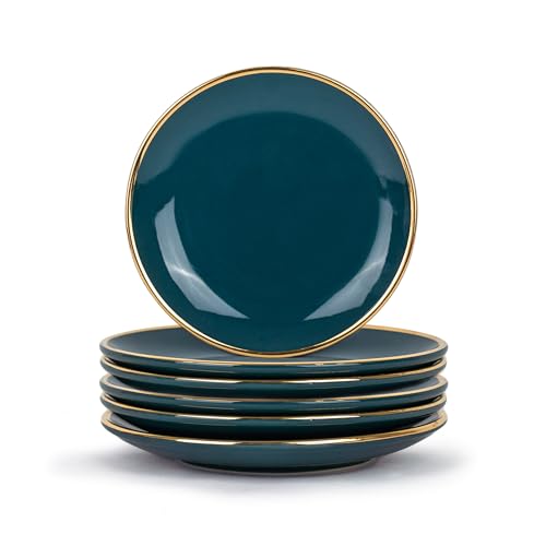 Shay Ceramic Quarter Plates Set Of 6, Teal Gold Goldline Series | Glossy Finish | Snacks Plates Set Of 6 | Dessert Plates | Snack Plate | Small Plates (Quarter Plates - Teal Gold) - Image 1