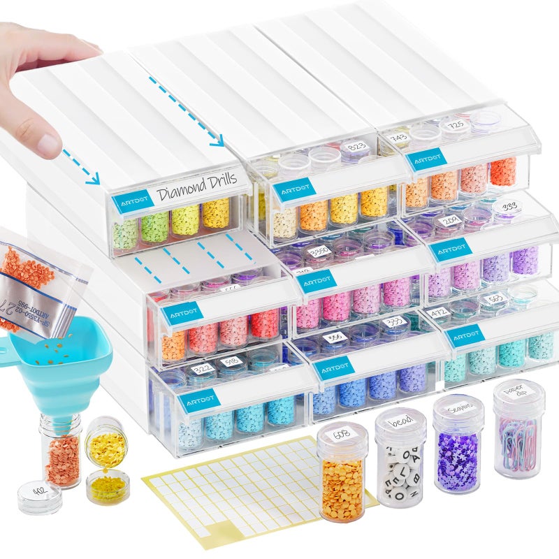 ARTDOT ARTDOT 9 Pack Storage Containers for Diamond Painting Stackable Craft Storage Organizers Total 288 Slots Individual Containers for Diamond Art Beads Nail Pill Rhinestones SeedFunnel Included