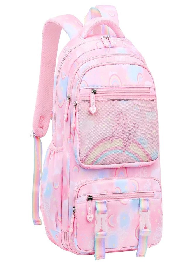 TLISMI Kawaii Pastel Colored Cute Rainbow Butterfly Print School Bag, Water Resistant Korean Style Casual Travel Daypack, Large Capacity Lightweight Spine Protection Backpack for 7-14 Years Girls - Image 1