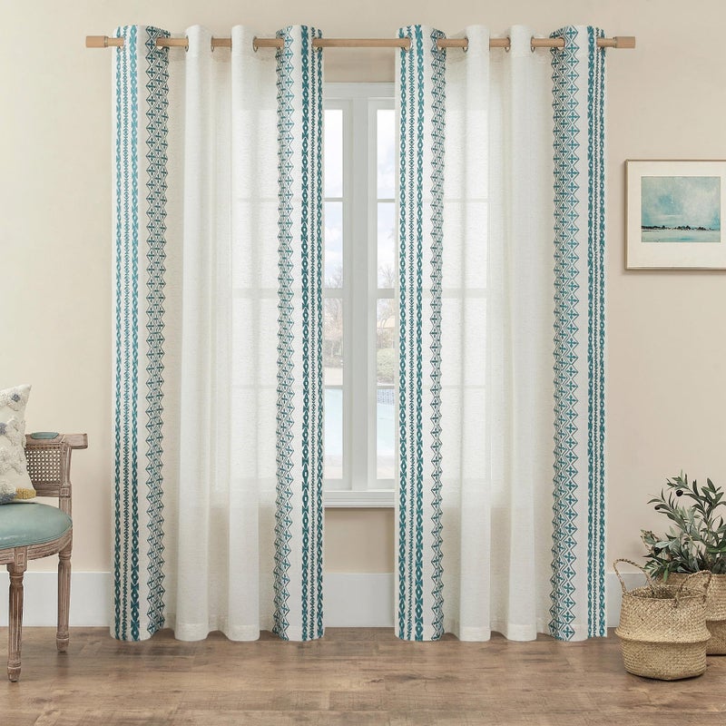 Blue Boho Curtains 108 Inch Long 2 Panels Cream Natural Linen Semi Sheer Rustic Farmhouse Striped Embroidered Bohemian Decor 52x108 Teal