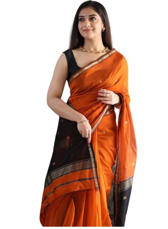 WILLFE Women's Cotton Soft Silk Sarees | Jamdani Cotton Saree With Attach Unstitched Blouse Piece (Orange) - Image 2