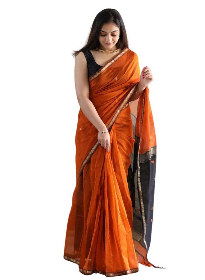 WILLFE Women's Cotton Soft Silk Sarees | Jamdani Cotton Saree With Attach Unstitched Blouse Piece (Orange) - Image 1