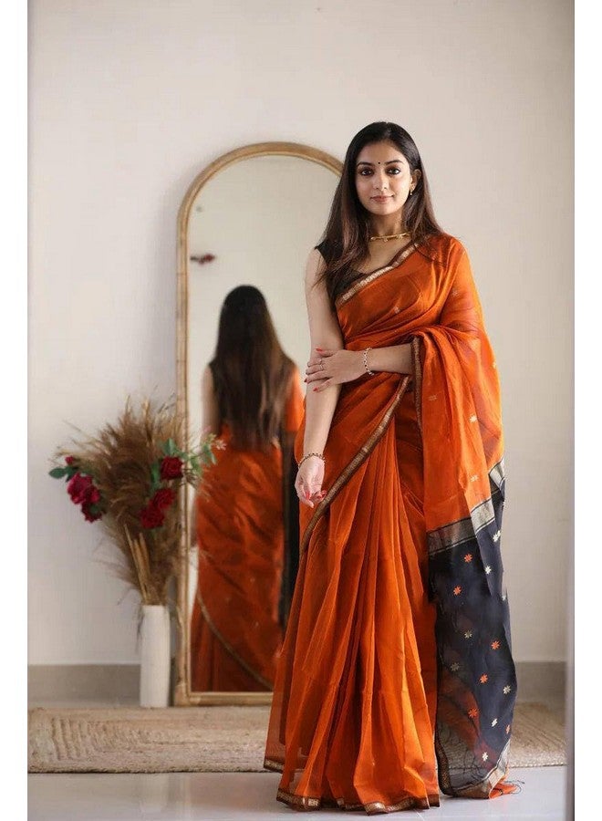 WILLFE Women's Cotton Soft Silk Sarees | Jamdani Cotton Saree With Attach Unstitched Blouse Piece (Orange) - Image 3