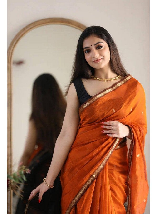 WILLFE Women's Cotton Soft Silk Sarees | Jamdani Cotton Saree With Attach Unstitched Blouse Piece (Orange) - Image 5