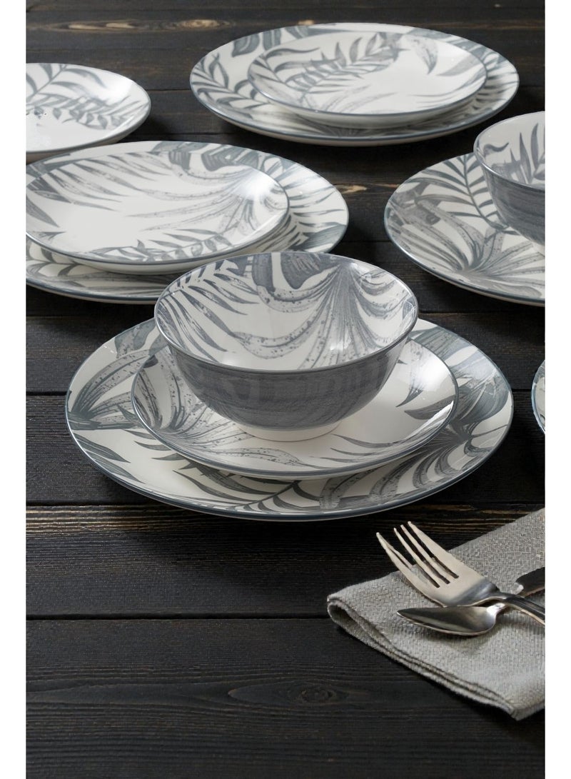 Noon East 18-Piece Porcelain Dinnerware Set, Set For 6 Persons, Microwave And Dishwasher Safe, With A Light Grey Leafy Design - Image 3