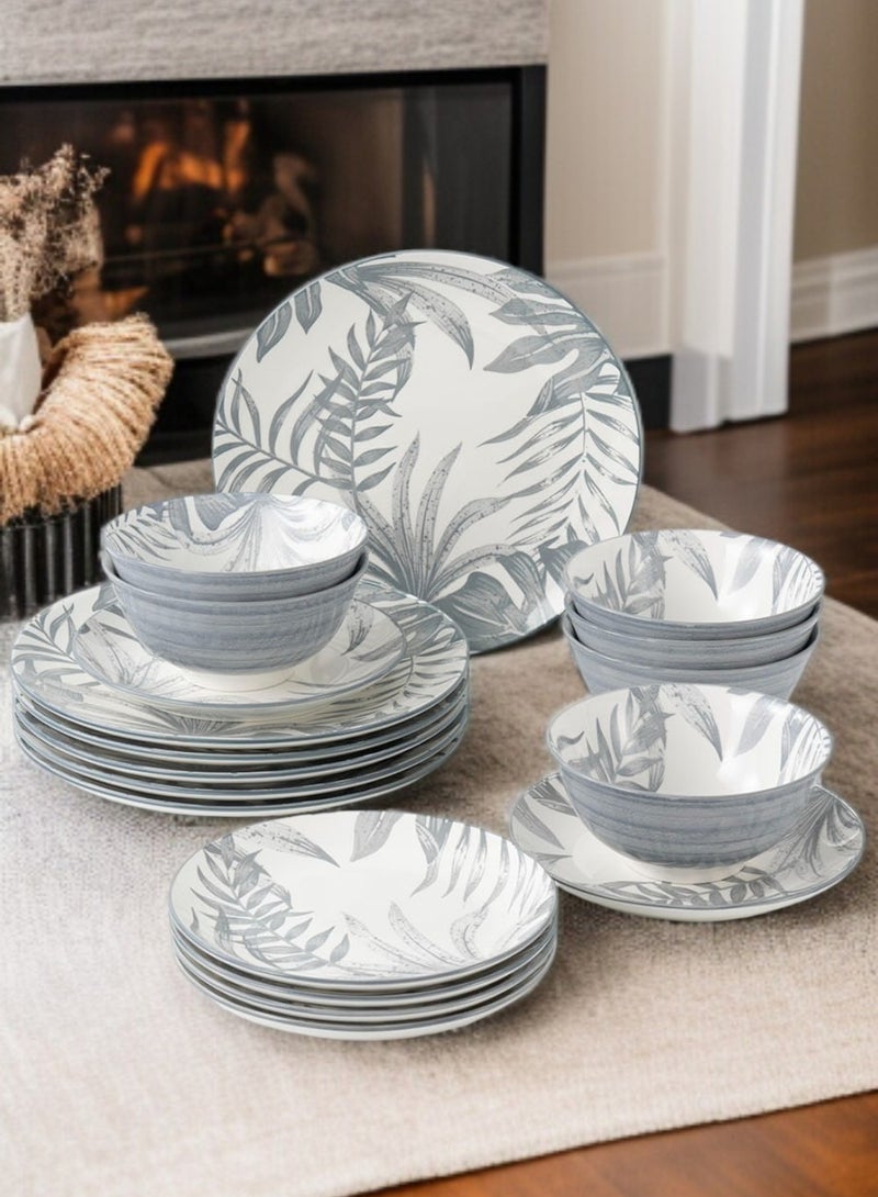 Noon East 18-Piece Porcelain Dinnerware Set, Set For 6 Persons, Microwave And Dishwasher Safe, With A Light Grey Leafy Design - Image 1