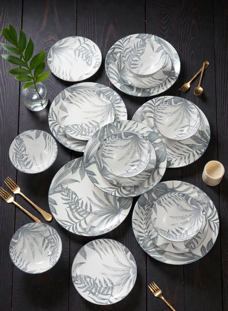 Noon East 18-Piece Porcelain Dinnerware Set, Set For 6 Persons, Microwave And Dishwasher Safe, With A Light Grey Leafy Design - Image 5