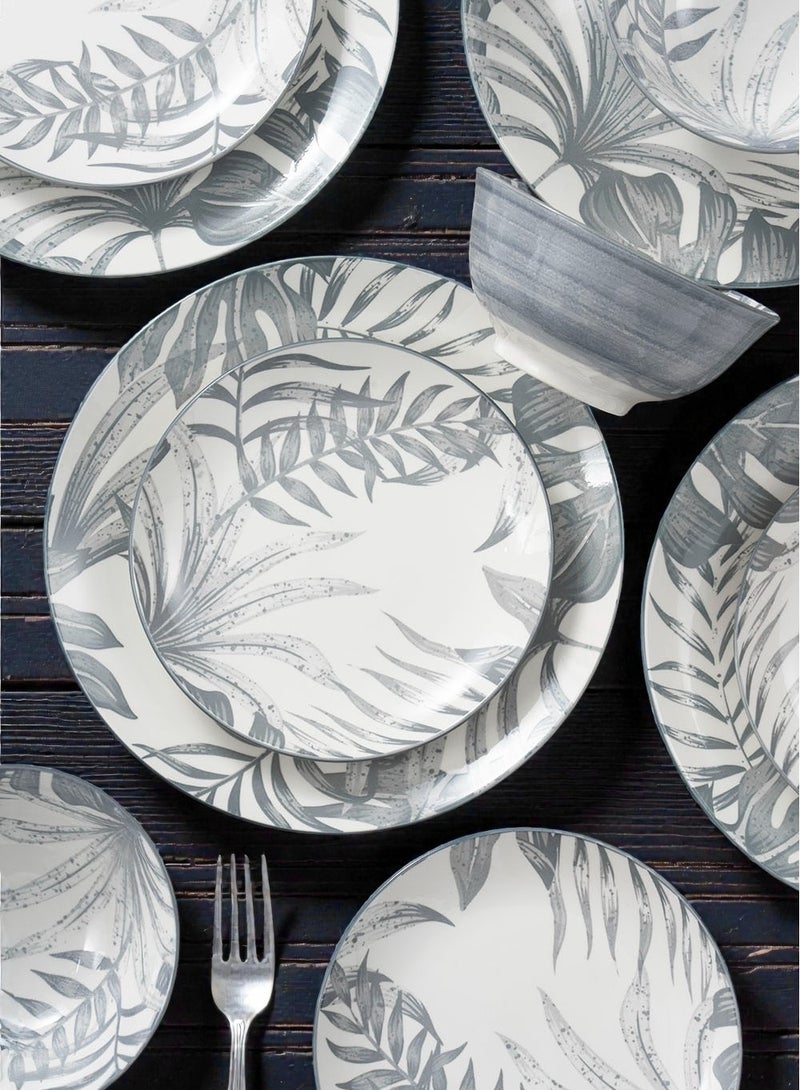 Noon East 18-Piece Porcelain Dinnerware Set, Set For 6 Persons, Microwave And Dishwasher Safe, With A Light Grey Leafy Design - Image 4