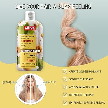 Milva Chamomile Shampoo for Sensitive Dry Itchy Scalp with Magnesium Apple Extract 200ml Cleansing Clarifying Shampoo with Herbal Soothing Formula Naturally Lightens Brightens Blonde Hair - Image 2