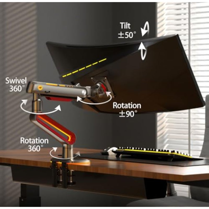 RGB Gaming Monitor Arm for Flat Ultrawide Curved Monitors 32 to 60 Inch Heavy Duty Stand Supports Up to 20 kg VESA 75/100 mm Compatible Adjustable Height Tilt Swivel Rotation Home Office Gaming Setup - Image 4