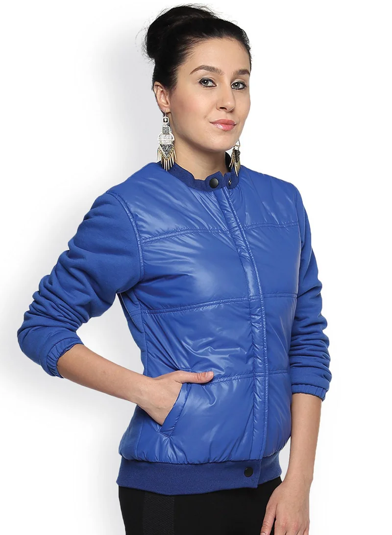 Campus Sutra Women's Electric Blue Knit-Sleeve Quilted Puffer Jacket