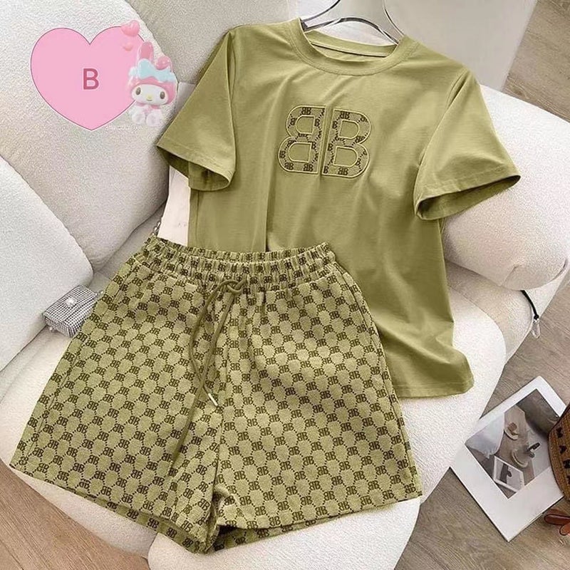 Hot new summer new South Korea foreign trade cross-border casual suit womens embroidered short-sleeved shorts two-piece set Wholesale Green - Image 5