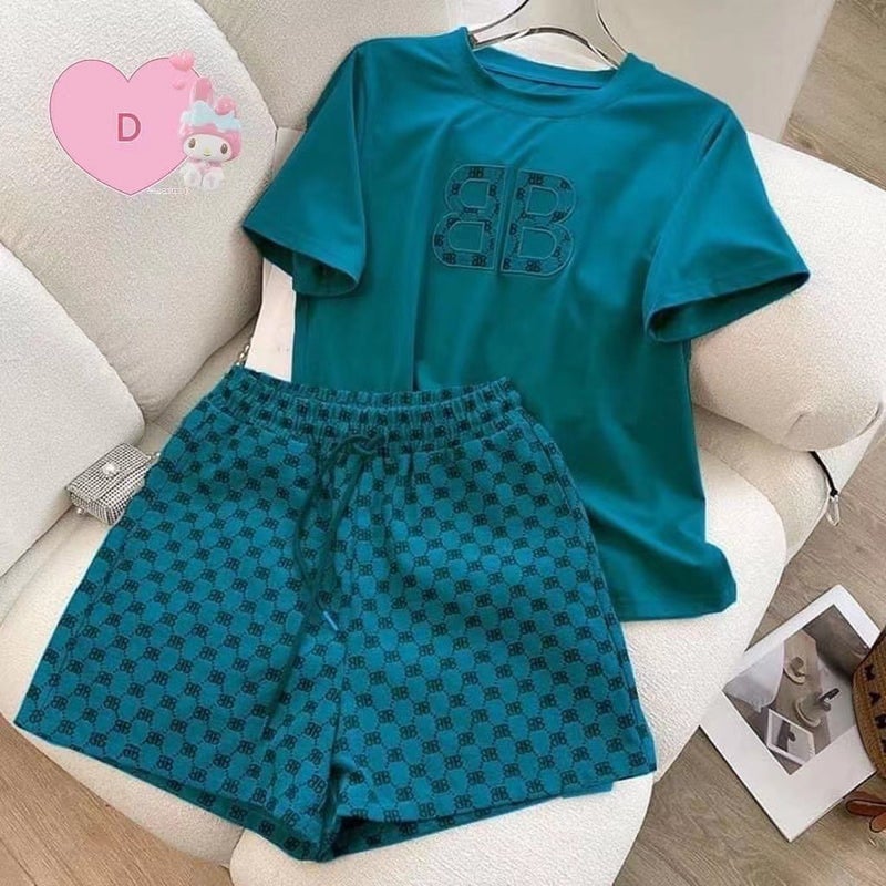 Hot new summer new South Korea foreign trade cross-border casual suit womens embroidered short-sleeved shorts two-piece set Wholesale Green - Image 3