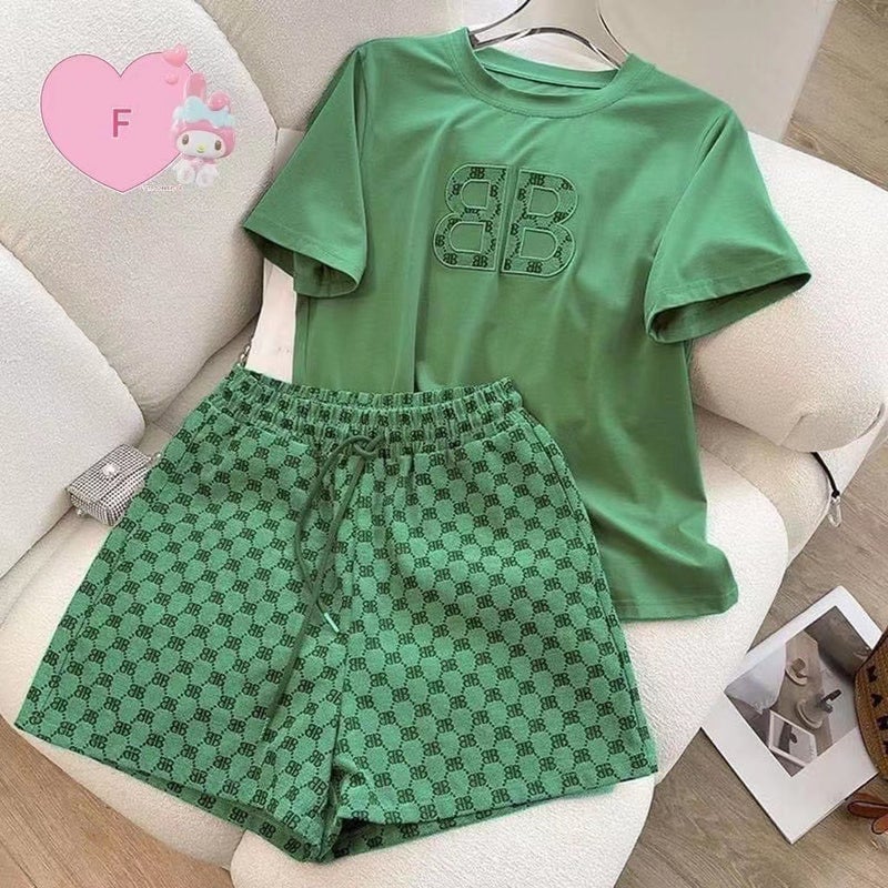 Hot new summer new South Korea foreign trade cross-border casual suit womens embroidered short-sleeved shorts two-piece set Wholesale Green - Image 1