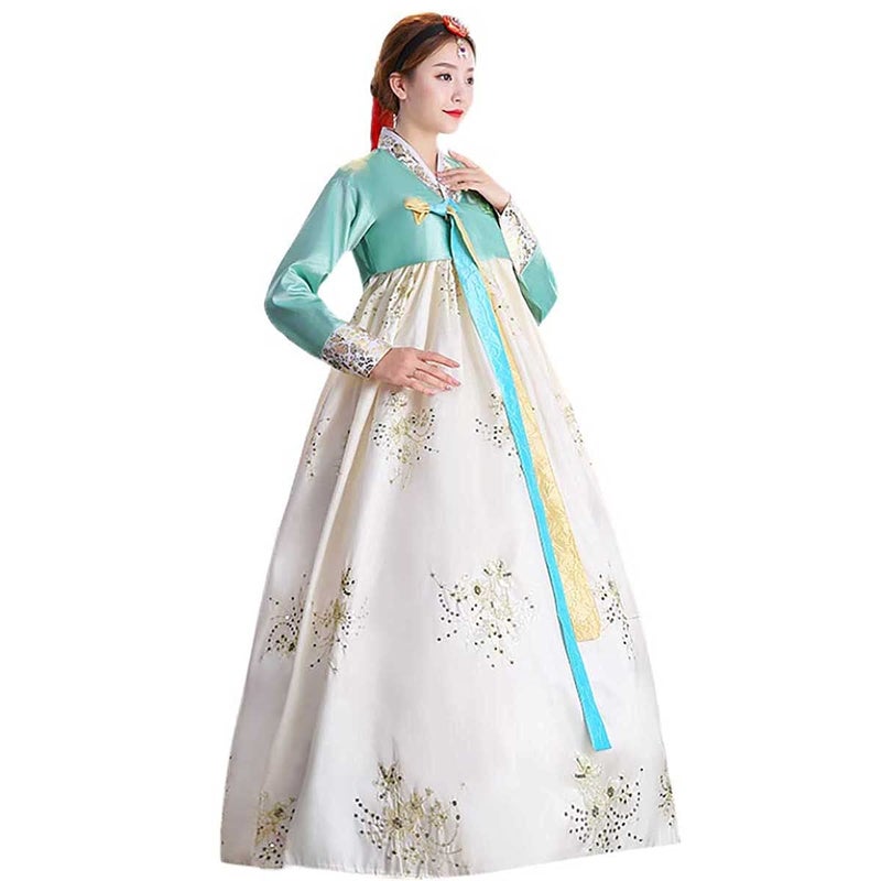 QYUU Women's Embroidered Hanbok Dress Korean Traditional Costume Short Jacket Full Skirt Cosplay Performance Wear (68# Turquoise+Light Yellow, L) - Image 1
