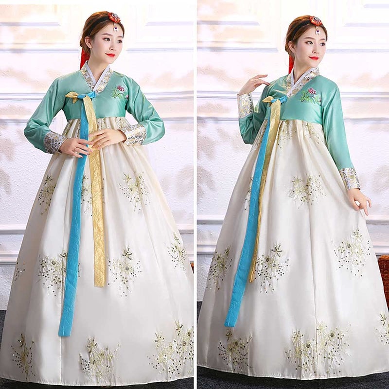 QYUU Women's Embroidered Hanbok Dress Korean Traditional Costume Short Jacket Full Skirt Cosplay Performance Wear (68# Turquoise+Light Yellow, L) - Image 3