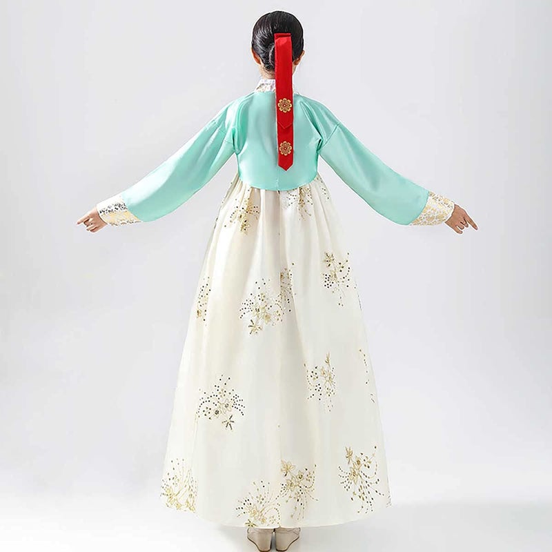 QYUU Women's Embroidered Hanbok Dress Korean Traditional Costume Short Jacket Full Skirt Cosplay Performance Wear (68# Turquoise+Light Yellow, L) - Image 4