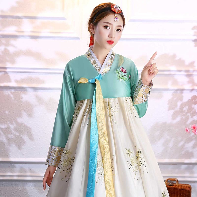 QYUU Women's Embroidered Hanbok Dress Korean Traditional Costume Short Jacket Full Skirt Cosplay Performance Wear (68# Turquoise+Light Yellow, L) - Image 5