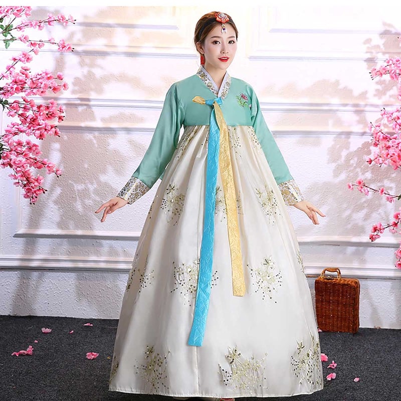 QYUU Women's Embroidered Hanbok Dress Korean Traditional Costume Short Jacket Full Skirt Cosplay Performance Wear (68# Turquoise+Light Yellow, L) - Image 2