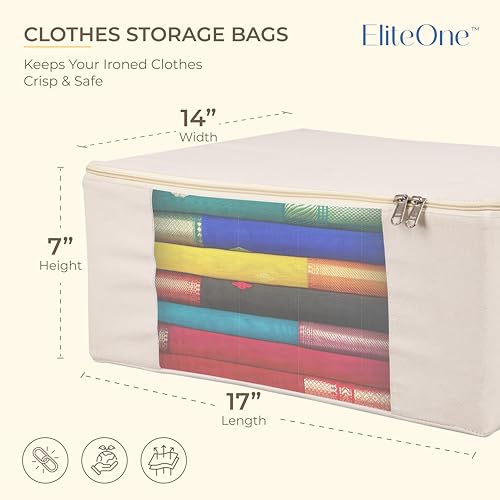 EliteOne Cotton Canvas Clothes Storage Bags with Zip & Window | Saree Covers for Storage | Lehengas, Dresses, Saree Organiser for Wardrobe | saree bags with zip (17x14x7 inches)(Pack of 3 Bags) - Image 2
