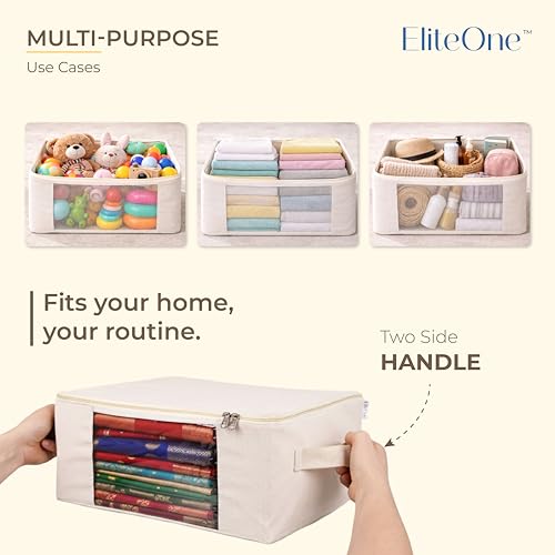 EliteOne Cotton Canvas Clothes Storage Bags with Zip & Window | Saree Covers for Storage | Lehengas, Dresses, Saree Organiser for Wardrobe | saree bags with zip (17x14x7 inches)(Pack of 3 Bags) - Image 4