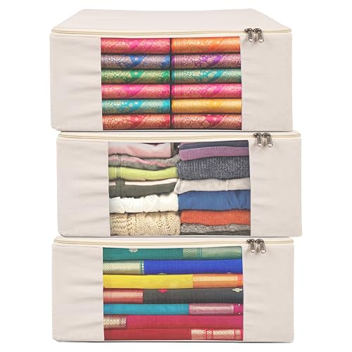 EliteOne Cotton Canvas Clothes Storage Bags with Zip & Window | Saree Covers for Storage | Lehengas, Dresses, Saree Organiser for Wardrobe | saree bags with zip (17x14x7 inches)(Pack of 3 Bags) - Image 1