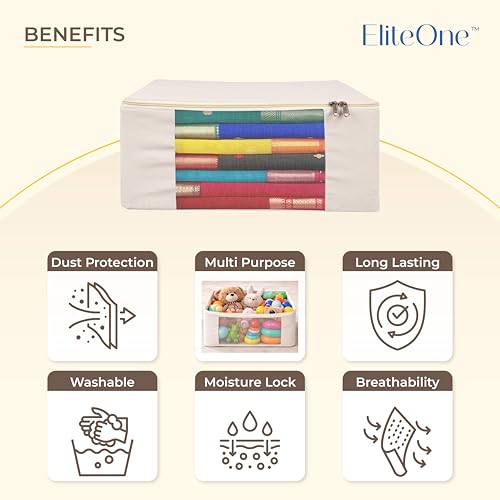 EliteOne Cotton Canvas Clothes Storage Bags with Zip & Window | Saree Covers for Storage | Lehengas, Dresses, Saree Organiser for Wardrobe | saree bags with zip (17x14x7 inches)(Pack of 3 Bags) - Image 5