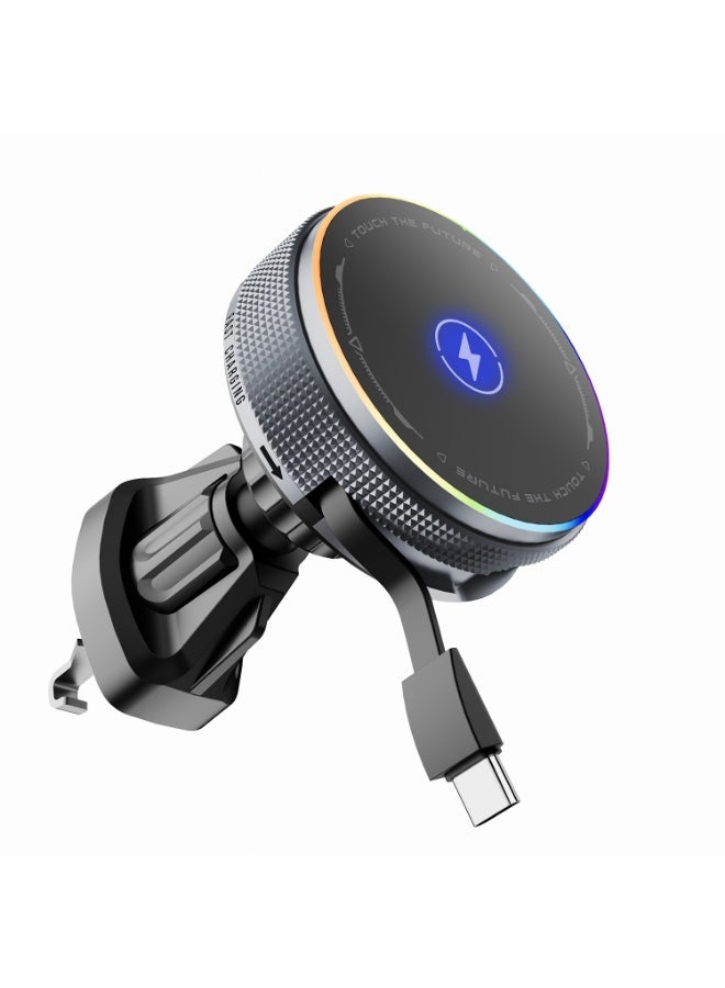 WinCheer شاحن سيارة 15 واط حامل هاتف مغناطيسي مع كابل قابل للسحب من النوع C وضوء RGB ، حامل هاتف شحن لاسلكي Mag لفتحة التهوية متوافق مع iPhone Samsung جميع الهواتف الذكية - Image 1