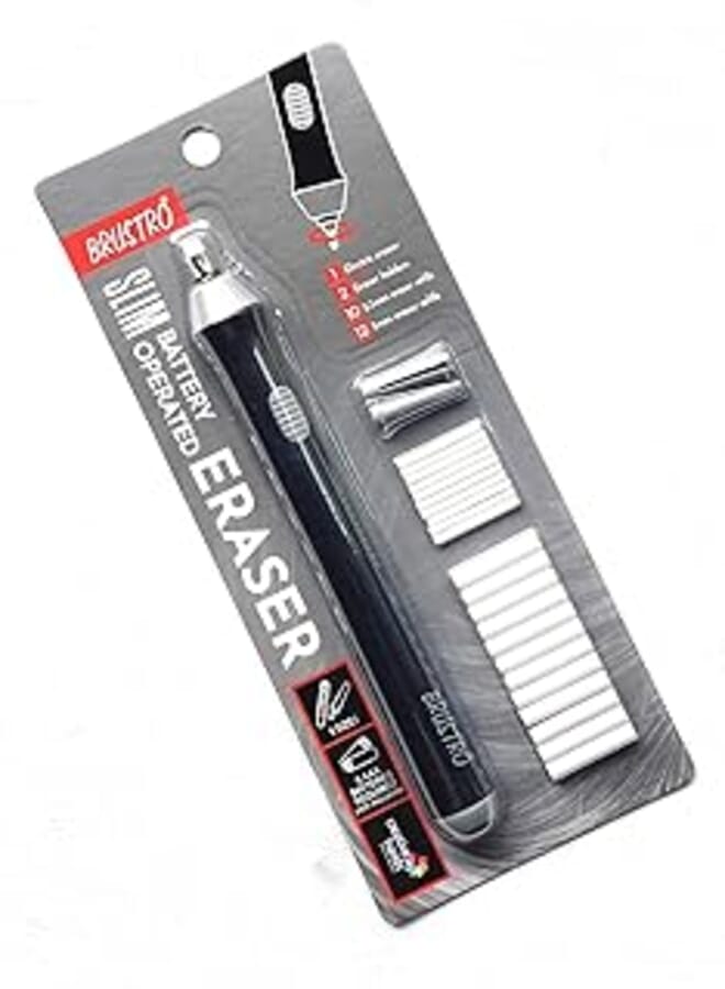 ممحاة BRUSTRO الأوتوماتيكية | مثالية للأطفال والكبار، الرسم، التخطيط، الماندالا، البورتريه | تعمل بالبطارية، كهربائية | 2.3 مم، 5 مم | 22 عبوة إعادة تعبئة، 2 حامل ممحاة | (البطاريات غير متضمنة)