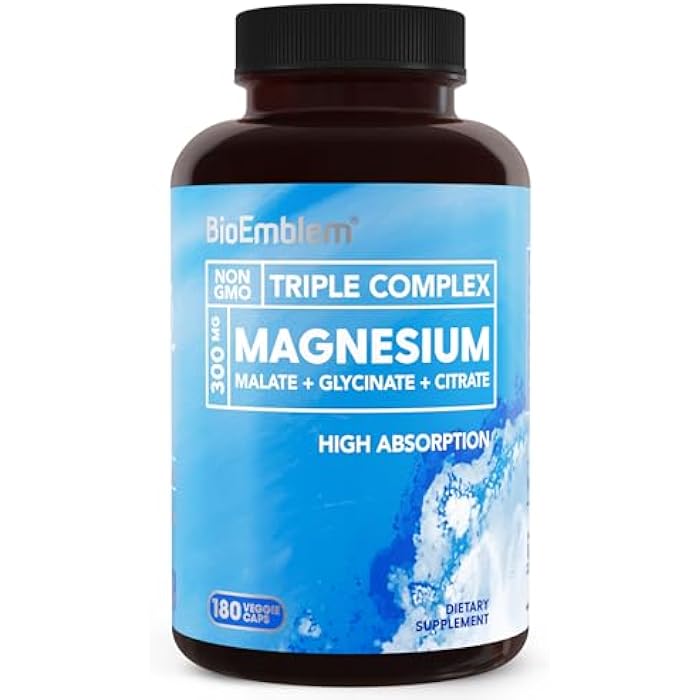 BioEmblem Triple Magnesium Complex | 300mg of Magnesium Glycinate, Malate, & Citrate for Muscles, Nerves, & Energy | High Absorption | Vegan, Non-GMO (180 Capsules) - Image 1